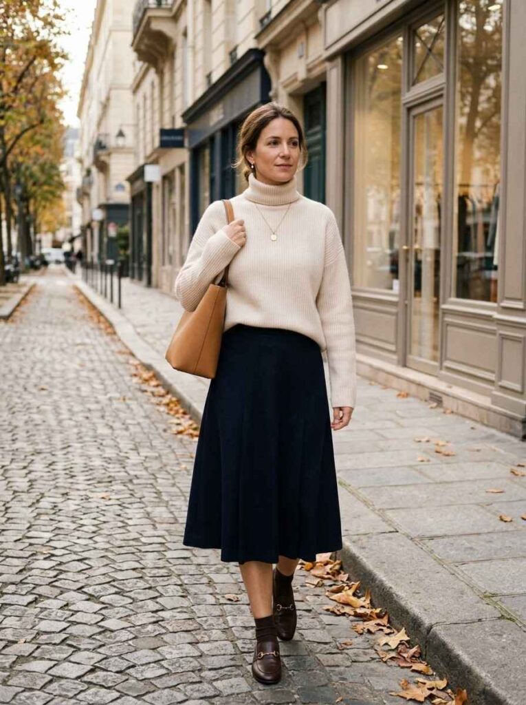 Cashmere Sweater with Midi Skirt