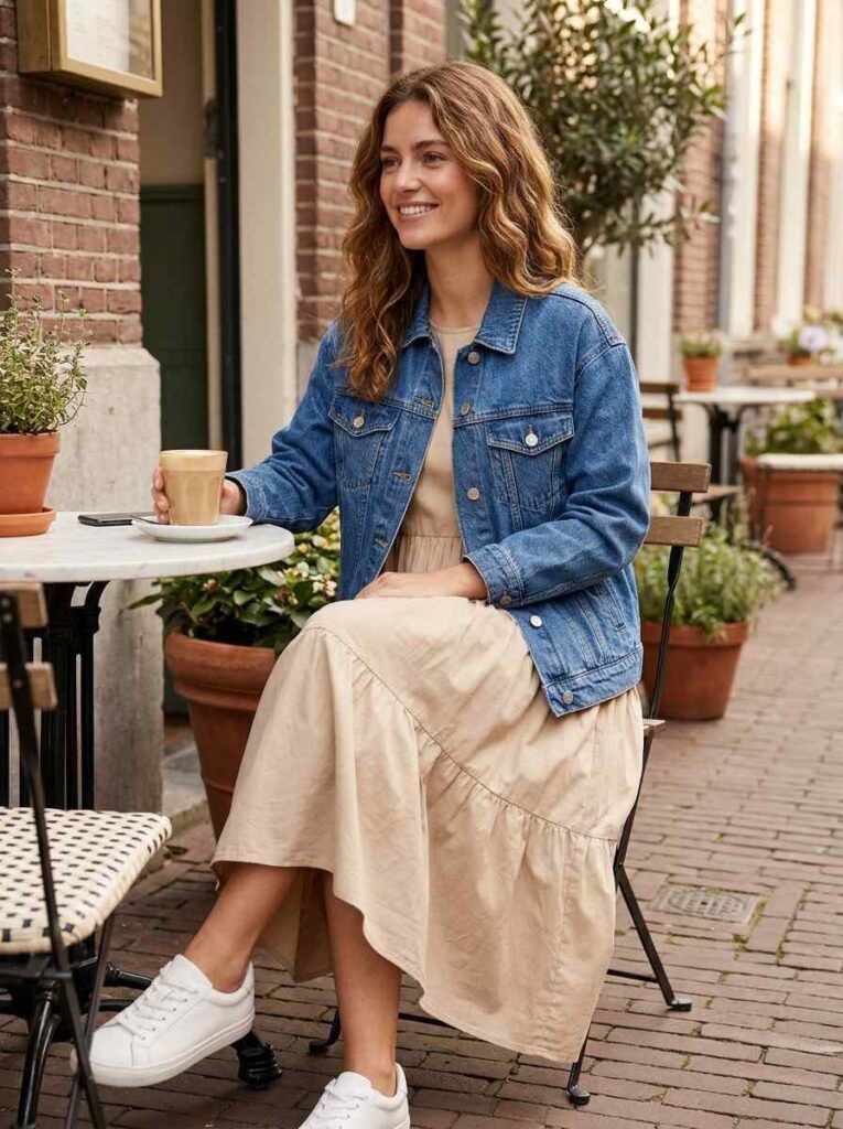 Denim Jacket with a Neutral Midi Dress