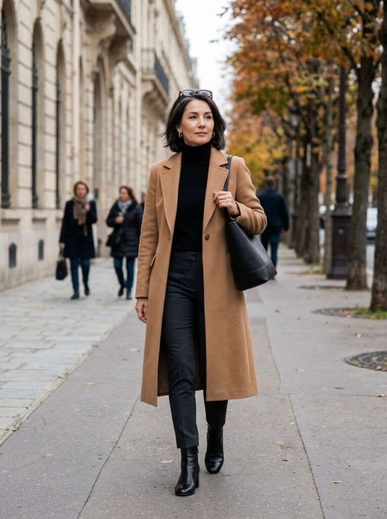 Long Tailored Coat with Slim Pants and Ankle Boots